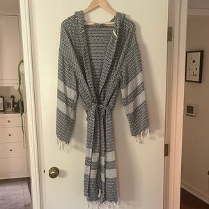 Black and White Hooded Robe with Tassels